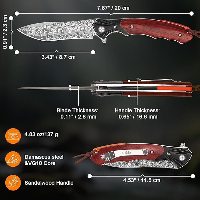 AUBEY Damascus Pocket Knife, Folding Knife with 3.43" Blade, Wooden Handle, Clip, EDC Knife for