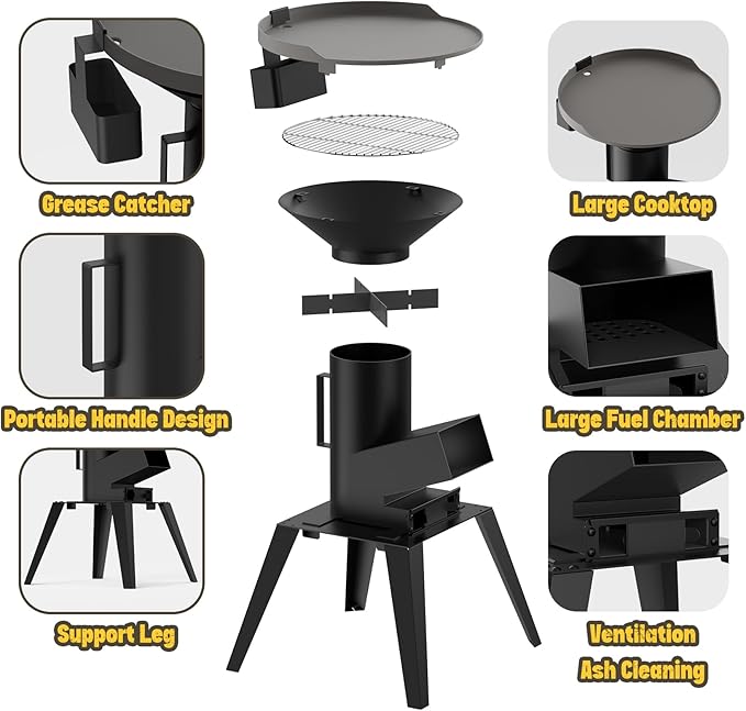 3-in-1 Camp Rocket Stove Kit with BBQ Grate, Griddle, Pot Rack, Portable Wood Burning Stove with