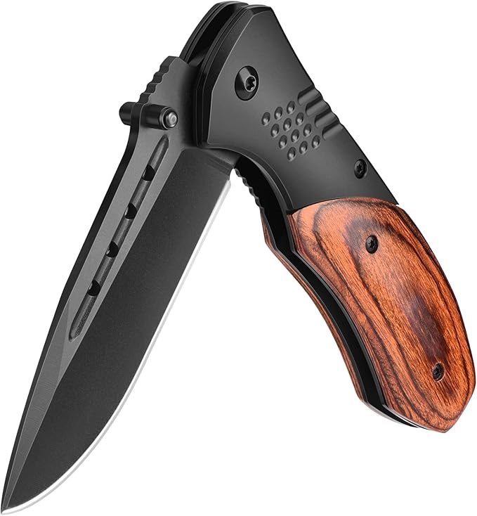 Pocket Knife for Men - 3.46" Sharp Blade Wood Handle Pocket Folding Knives with Clip, Glass Breaker