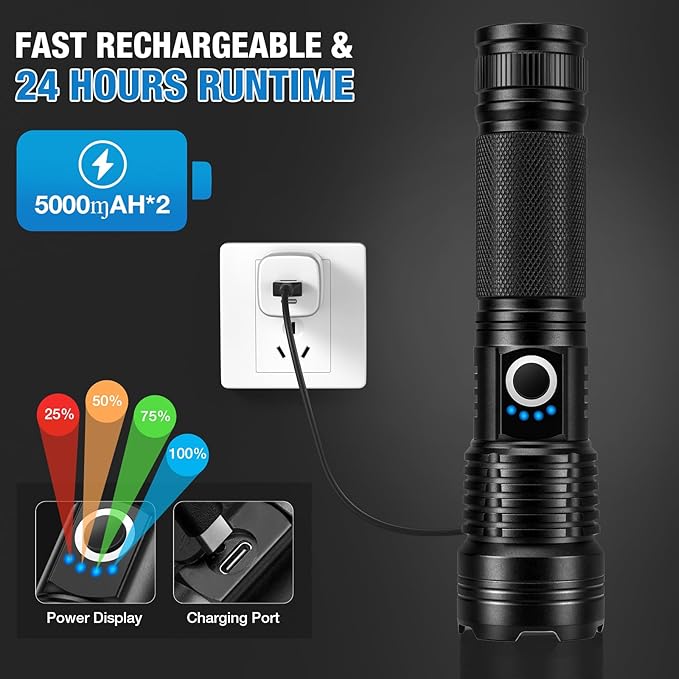 Rechargeable Flashlights 90,000 High Lumens - 2 Pack, Super Bright LED Flashlight Rechargeable with