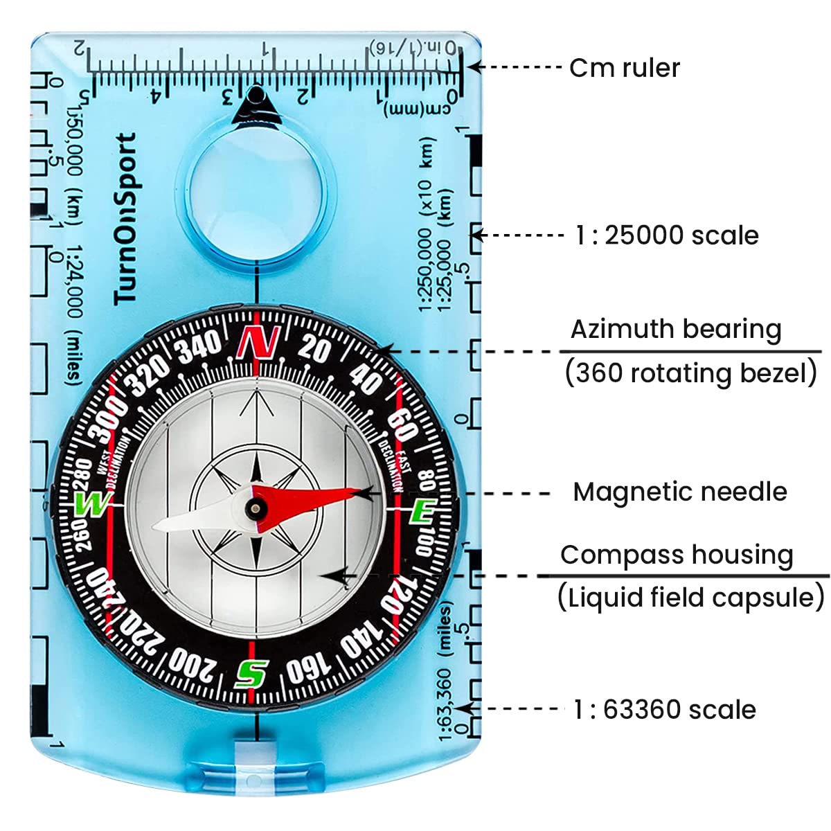 TurnOnSport Orienteering Compass - Blue - product view 2