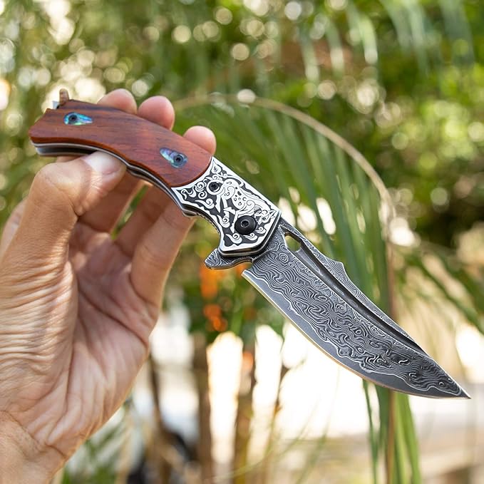 Handmade Japanese VG10 Damascus Steel Folding Knife,Rosewood Liner Lock Handle, Leather Sheath,EDC