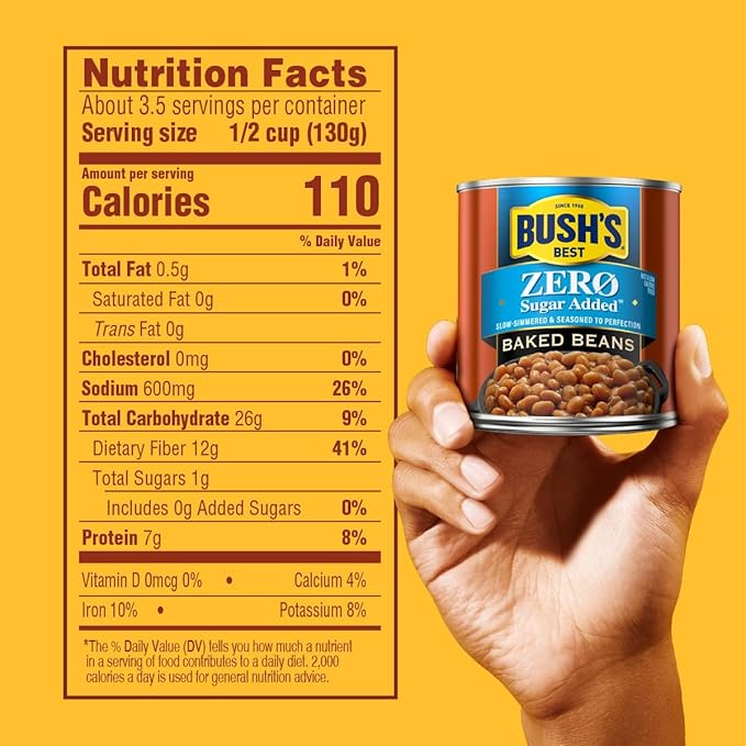 BUSH'S BEST 15.8 oz Canned Zero Sugar Baked Beans, Source Of Plant Based Protein and Fiber, Low
