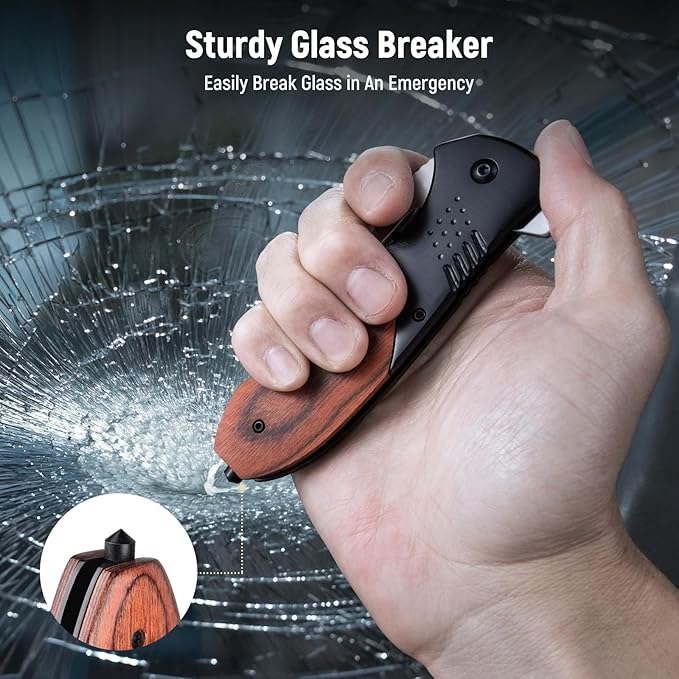 Pocket Knife for Men - 3.46" Sharp Blade Wood Handle Pocket Folding Knives with Clip, Glass Breaker
