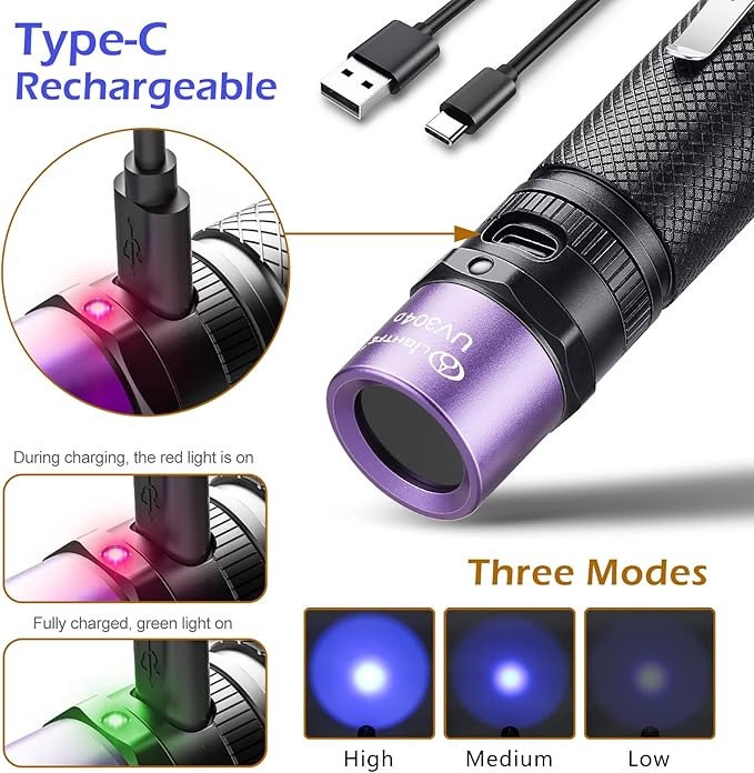 LIGHTFE Blacklight uv Flashlight 365nm UV304 UV Flashlight Rechargeable can be Used for UV Glue