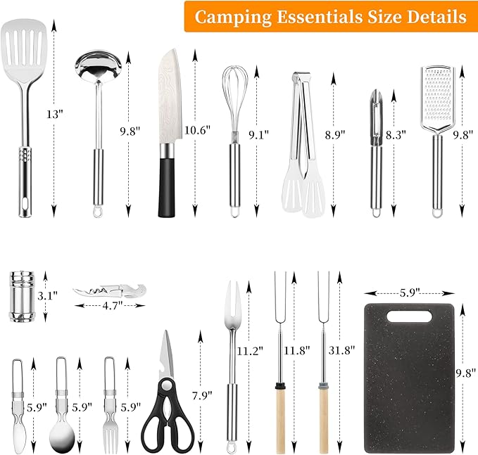 Camping Cooking Utensils Set, Stainless Steel Grill Tools, Camping BBQ Cookware Gear and Equipment