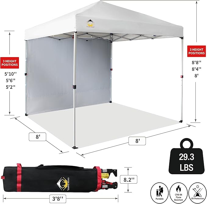 CROWN SHADES 8x8 Pop Up Canopy with 1 Side Wall - Beach Tent with One Push Setup - Outdoor Sun