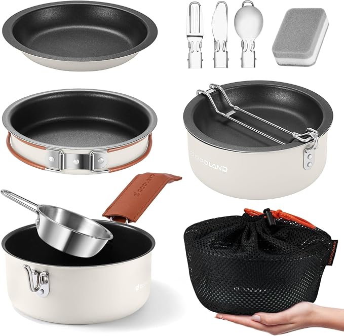 Odoland 10pcs Camping Cookware Non-Stick Camping Pot and Pan Set with Plate Bowl Fork Knife Spoon