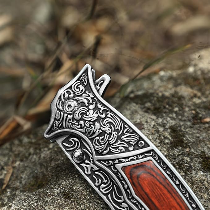 Pocket Knife with Sheath and Clip, 440C Stainless Steel Folding Knife 3D Retro Embossed Pattern