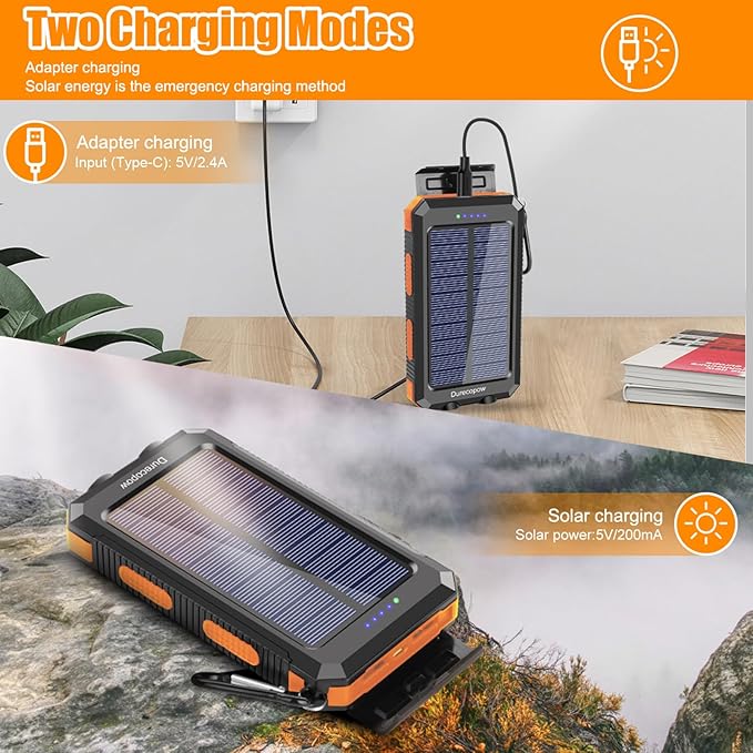 Solar Charger Power Bank, 20000mAh Portable Outdoor Waterproof Solar Battery Charger, Camping