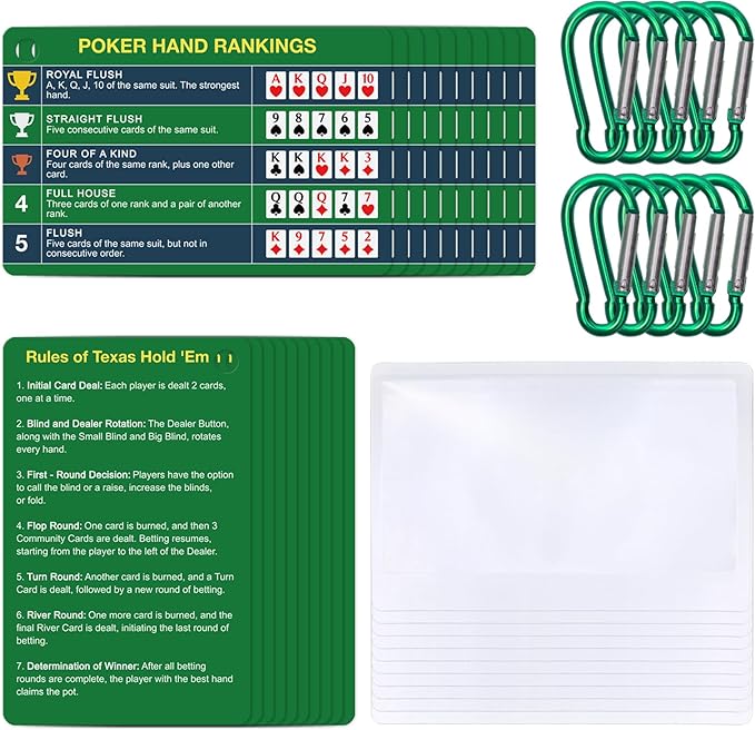 10-Pack (20 Cards) Poker Hand Rankings Cards Set with Magnifier & Clip, Texas Hold'em Cheat Sheet &