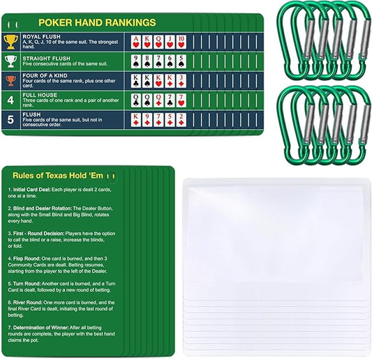 10-Pack (20 Cards) Poker Hand Rankings Cards Set with Magnifier & Clip, Texas Hold'em Cheat Sheet &