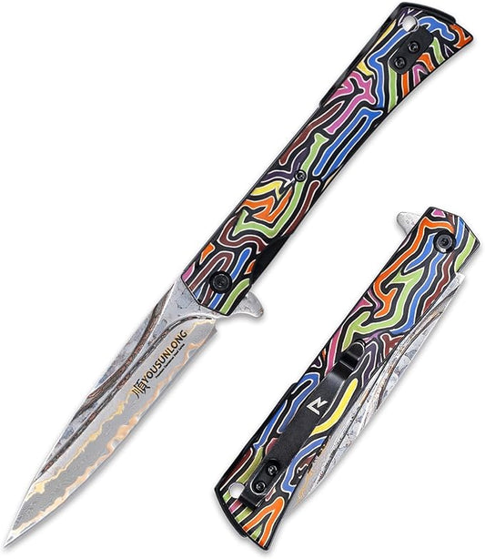 YOUSUNLONG Folding Knife Camping Knife - CuMai Damascus Steel Blade - Multicolored G10 Handle Cover