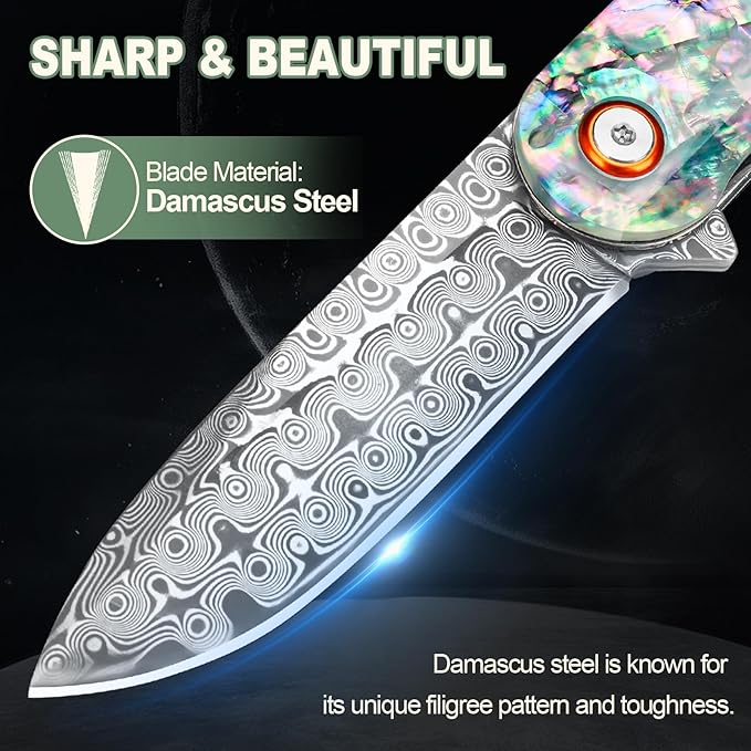 Damascus Pocket Knife with Sheath 2.95" Damascus Steel Blade Folding Knife with Abalone Shell