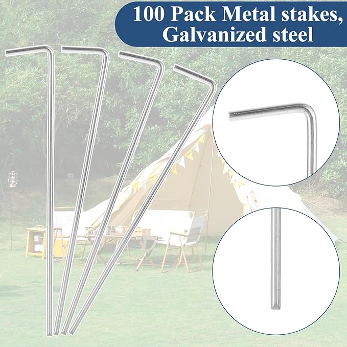 MIVIDE 100 Pack 8.26 inch Tent Stakes, Galvanized Steel Metal Tent Stakes Pegs, Garden Stakes
