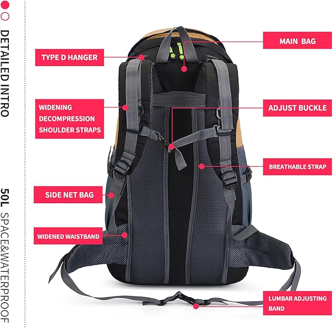 Bseash 50L Hiking Backpack, Water Resistant Lightweight Outdoor Sport Daypack Travel Bag for