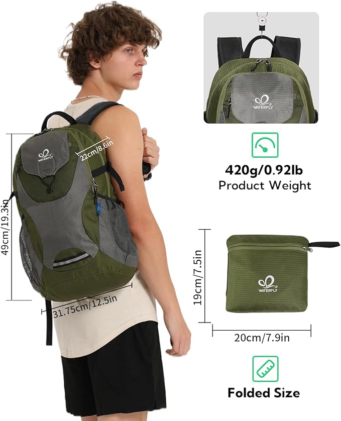 WATERFLY Lightweight Packable Hiking Backpack: 30L Foldable Travel Daypack Ultralight Camping Day