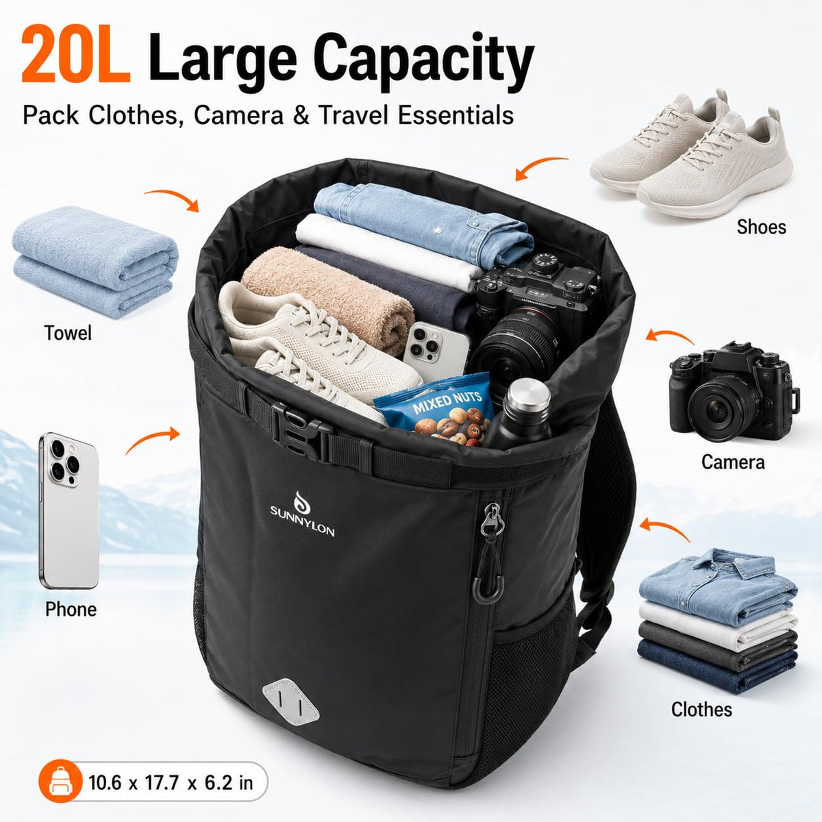 Sunnylon Dry Bag Backpack, 20L Dry Bag Waterproof with Waist Pouch and Phone Case,Roll top Dry bag