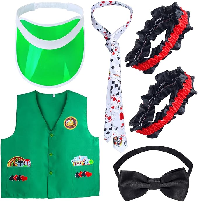 Yewong Casino Dealer Vest Set Dealer Visors Hat Bowtie Playing Card Tie Armband for Las Vegas