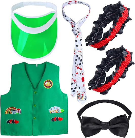 Yewong Casino Dealer Vest Set Dealer Visors Hat Bowtie Playing Card Tie Armband for Las Vegas