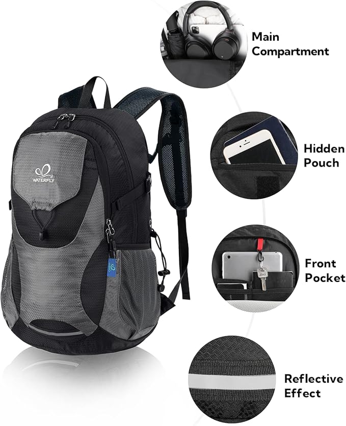 WATERFLY Lightweight Packable Hiking Backpack: 30L Foldable Travel Daypack Ultralight Camping Day