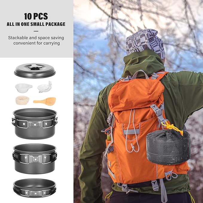 Lixada 10pcs Camping Cookware Mess Kit, Non-Stick Lightweight Stackable Pot Pan Bowls Camping