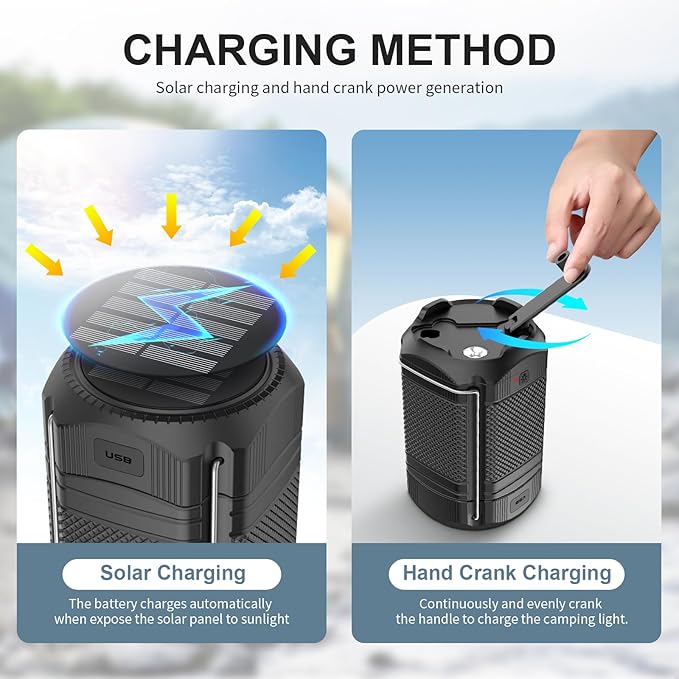 Camping Lantern 5000mAh Solar Hand Crank Telescopic LED Flashlight USB Charger for Power Outages