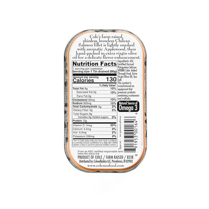 COLE'S SEAFOOD - Hand Packed Smoked Salmon in Olive Oil, Preservative Free Seafood, Canned Fish