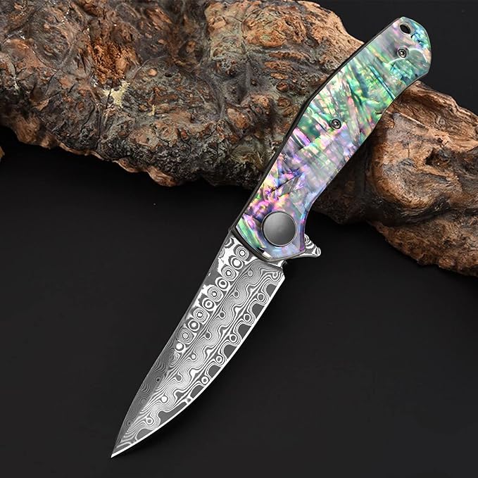 AUBEY Damascus Pocket Knife for Women Men, Sharp 3.23" Damascus Steel Blade Knife with Clip, EDC