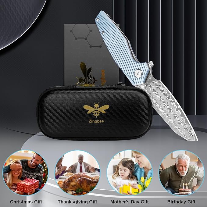 Damascus Pocket Knife 3.46" Damascus Steel Blade EDC Pocket Knives & Folding Knives for Men Women