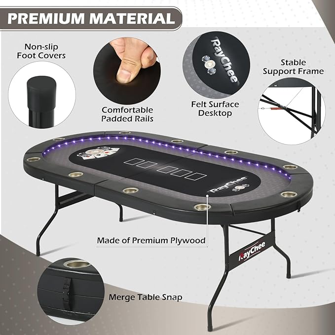 LED Poker Table, 84" 10 Player Foldable Texas Holdem Table w/Inlaid LED Light, 2 USB & 2 Type-c