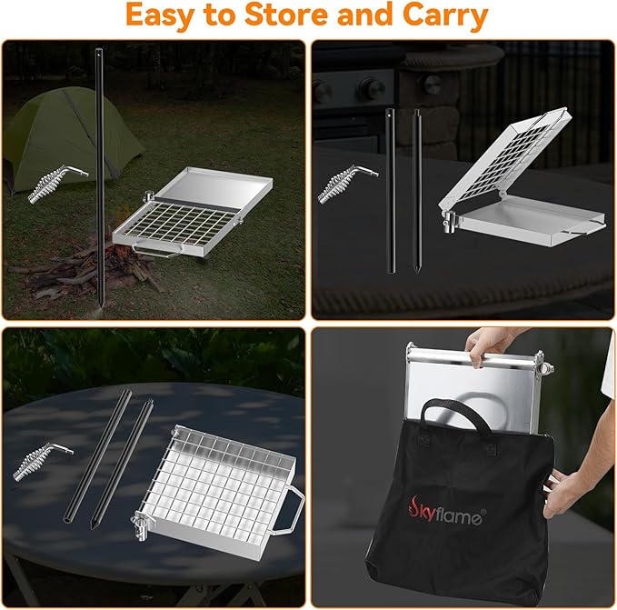 Skyflame Folding Campfire Grill Grate, Stainless Steel Swivel Camping Grill Grate and Griddle with