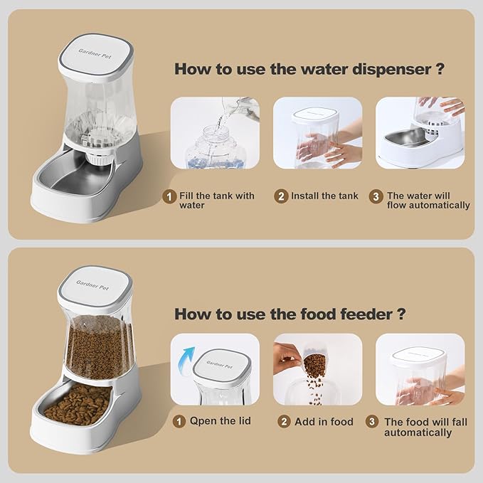 Automatic Pets Gravity Feeder and Water Dispenser Set, 1Gallon x 2 Stainless Steel Food Feeder and