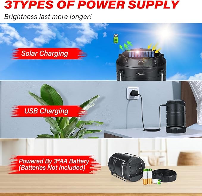 Solar Camping Lantern 4-Pack - Rechargeable LED Lights, Magnetic Base & Foldable Hanging Hook