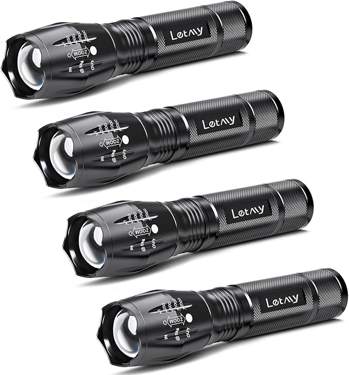 LETMY LED Tactical Flashlight S2000 [4 Pack] - High Lumens, Zoomable, 5 Modes, Waterproof Handheld