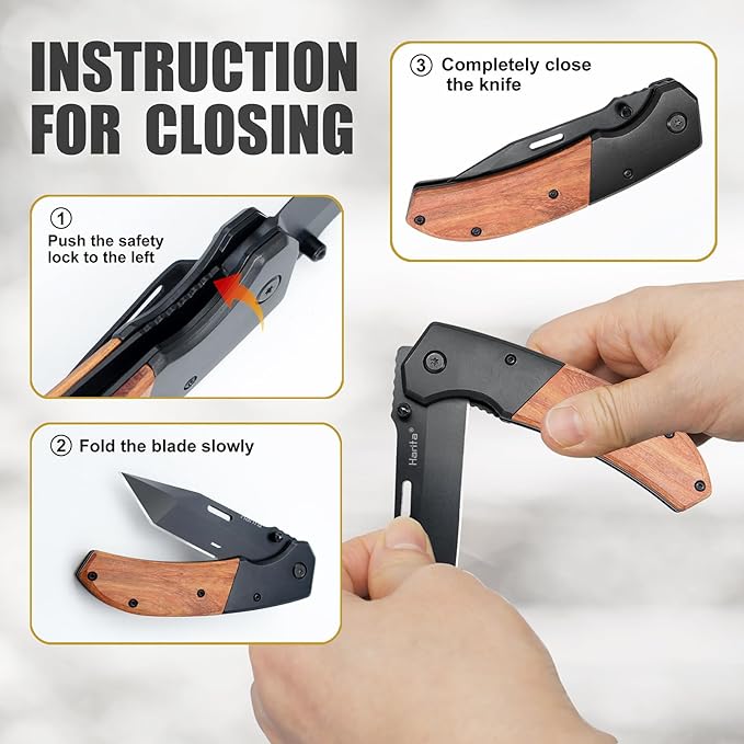 Harita Pocket Knife for Men, Folding Utility with Pocket Clip, Wood Handle EDC for Women with 3.4″