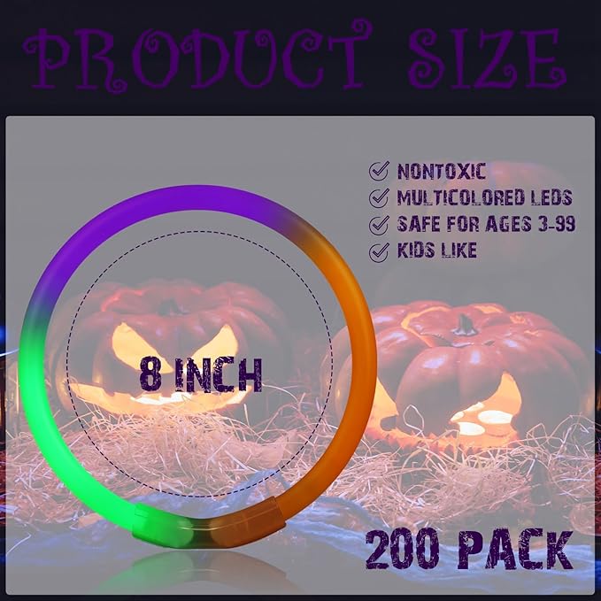 Wettarn 200 Pcs Halloween Glow Sticks 8" Halloween Bracelets Party Supplies Glow in The Dark