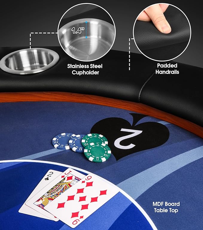 LUCKYERMORE Upgraded 10 Players Poker Table with Stainless Steel Cup Holder, 84”Folding