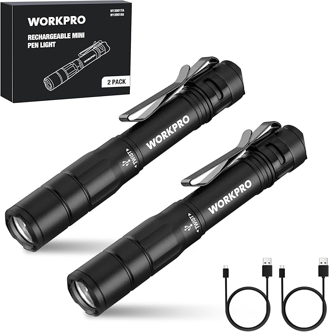 WORKPRO Rechargeable Pen Light, Mini Flashlight, 2 Pack Ultra-Compact EDC Flashlight, Pocket
