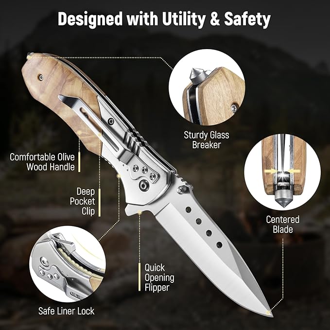 Folding Pocket Knife - 3.46" Sharp Blade Olive Wood Handle Pocket Knives with Clip, Glass Breaker