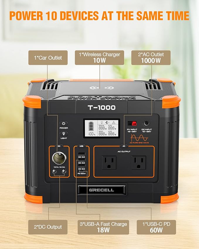 Portable Power Station 1000W (Peak 2000W), GRECELL 999Wh Solar Generator with 60W USB-C PD Output