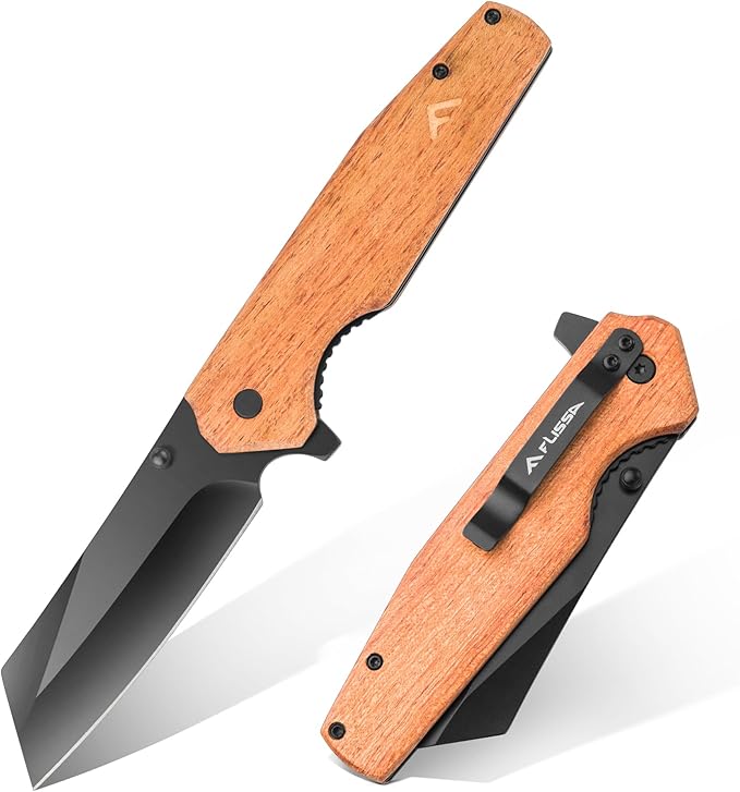 FLISSA Folding Knife, 4-3/4" Reverse Tanto Folding Pocket Knife, Black Stonewash Blade, Wood