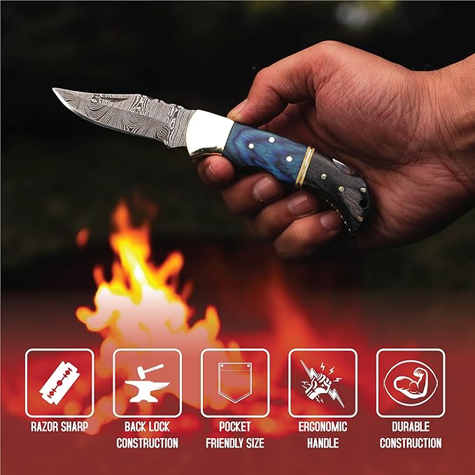 6.5 inch Damascus Pocket Knife with Sheath, Handmade Folding Pocket Knife for Men, Black-Red Wooden