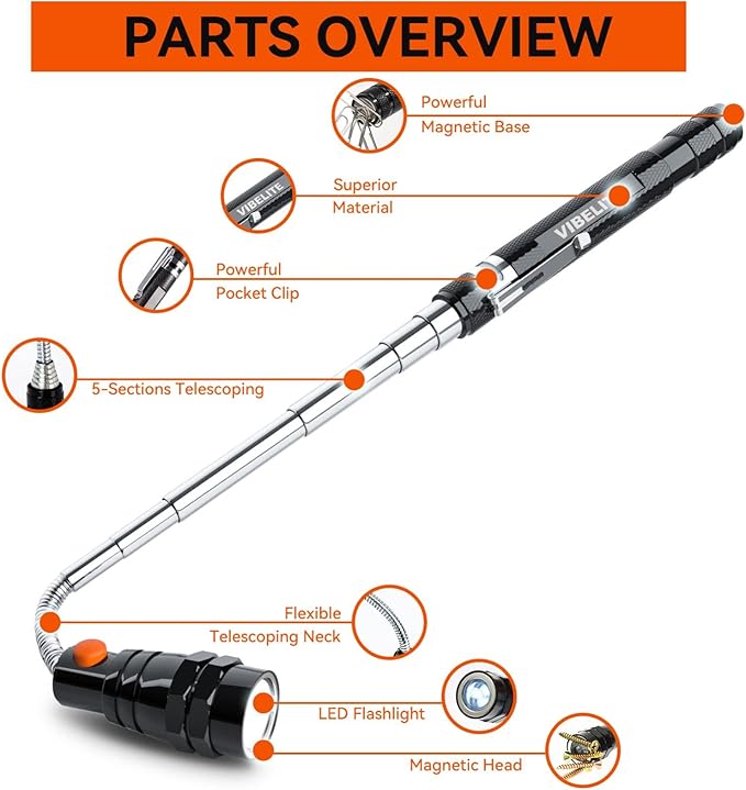 VIBELITE Gifts for Dad, Magnetic Pickup Tool with LED, Telescoping Magnet Flashlight, Birthday