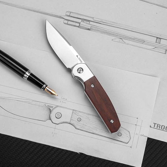 Small EDC Knife 2.8", Pocket Knife D2 Steel Point Blade Wood Handle - flipper Folding Knife for Men