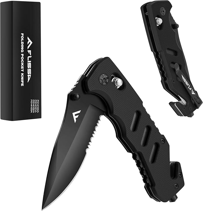 FLISSA Folding Pocket Knife with Clip, Glass Breaker and Seatbelt Cutter, Survival Knife for