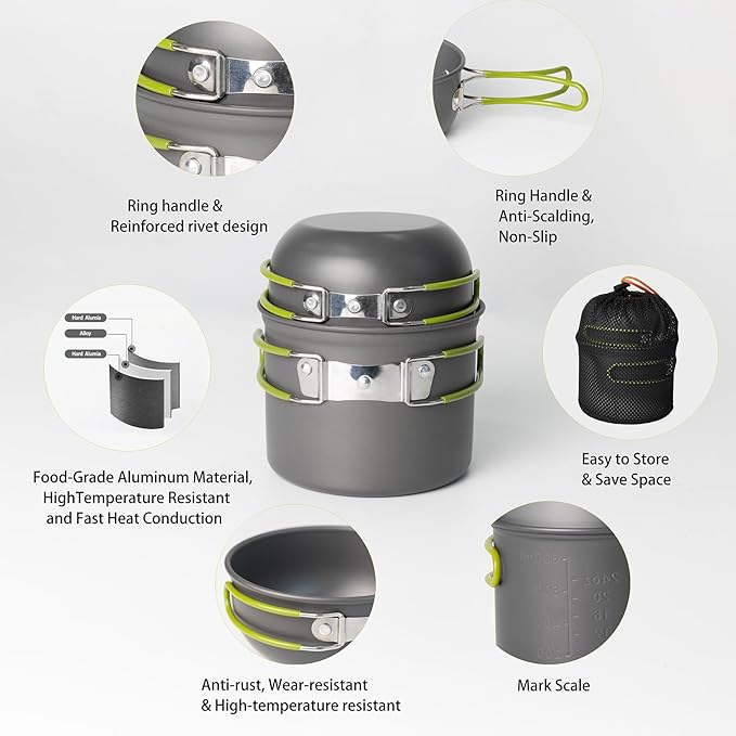 Camping Cookware Mess Kit, 16 pcs Backpacking Cooking Set, Lightweight Camping Pots and Stove Set