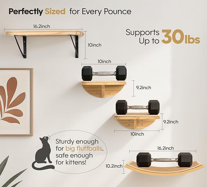 Cat Wall Shelves with Sisal Pads, 4-Piece Wooden Cats Furniture Set with Cat Window Perch, Flat