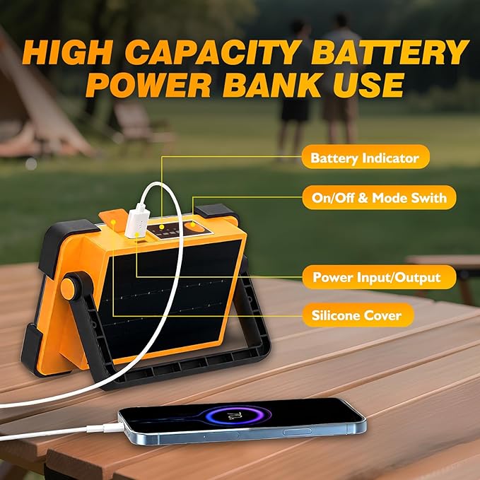 120W Solar Rechargeable Work Light, 144 LED 10000LM Led Work Light with 4 Modes, Portable Flood
