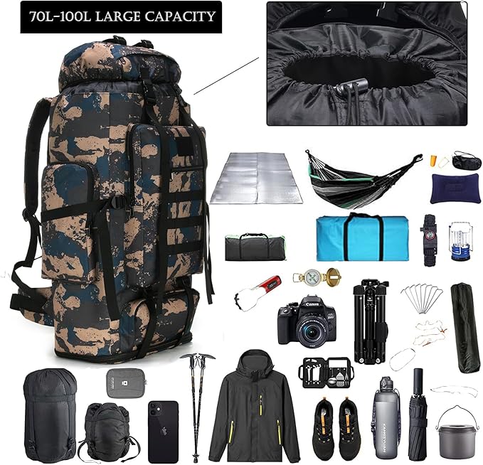 Hiking Backpack for Men 70L/100L Camping Backpack Military Rucksack Molle 3 Days Assault Pack for